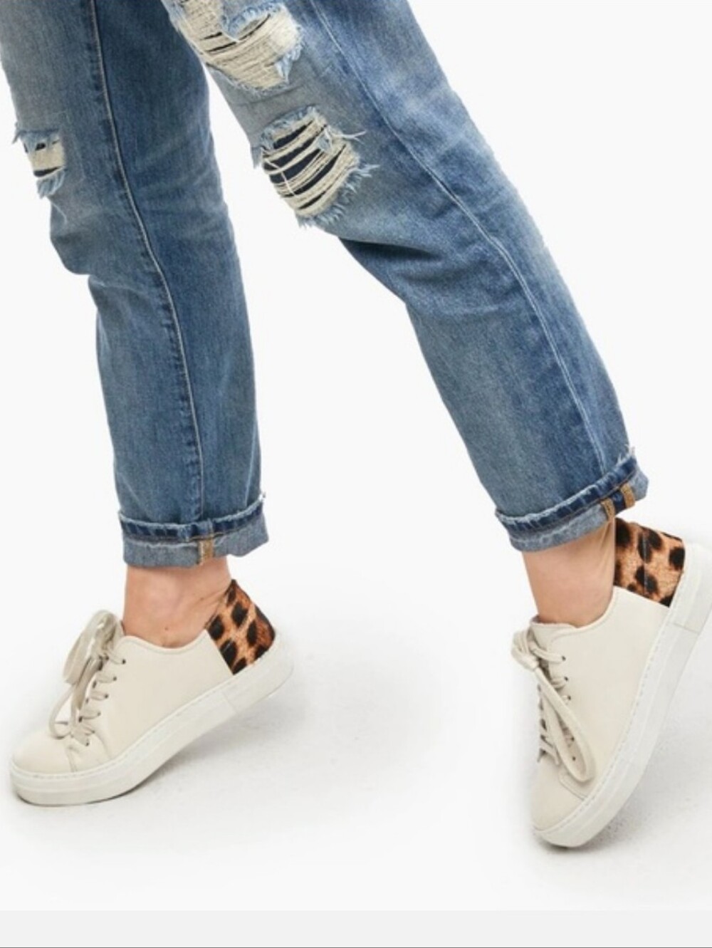 ABLE Emmy Bone Cream Lace-Up Sneakers with Leopard Heel Accent